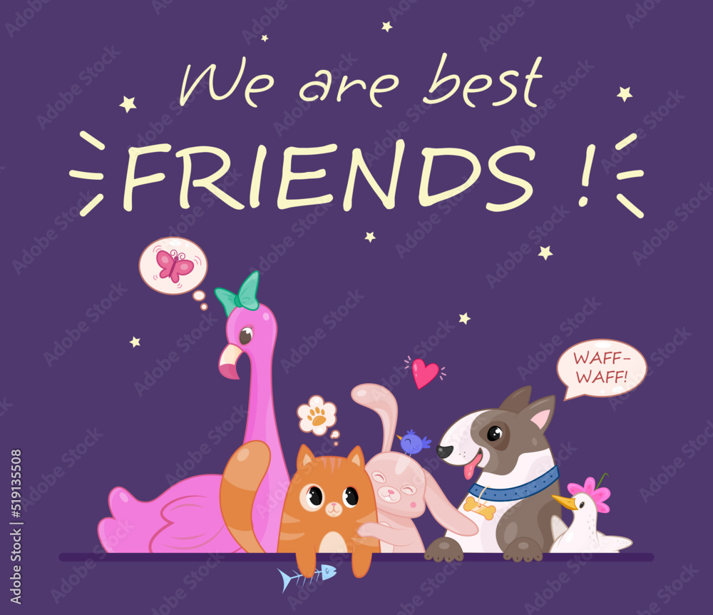 Fototapeta premium Cute animal poster. Template with flamingo, kitten, rabbit, chicken and dog. We best friends slogan. Design element for greeting card and fabric print. Cartoon contemporary flat vector illustration