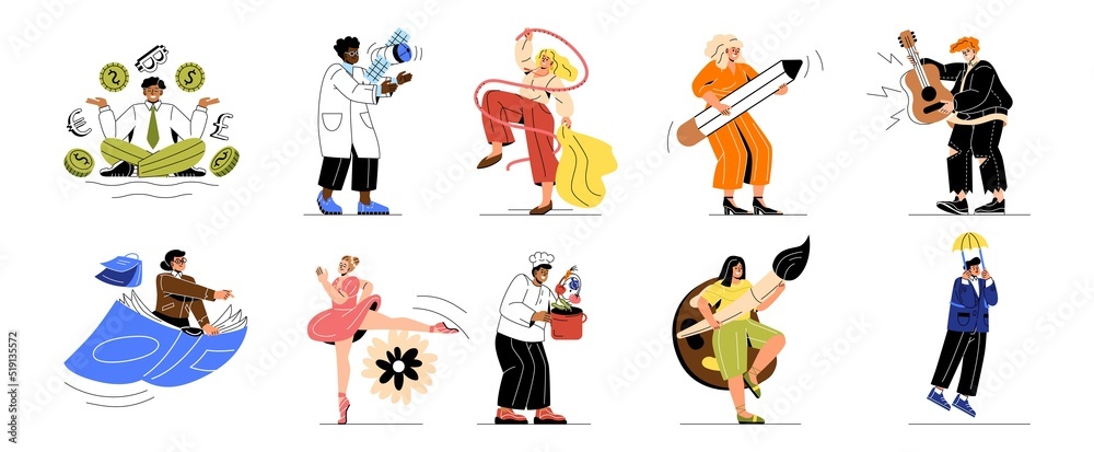 Fototapeta premium Set of creative characters and their activity. Men and women dance, draw, play guitar, cook, read book and make scientific discoveries. Different hobbies or professions. Cartoon flat vector collection