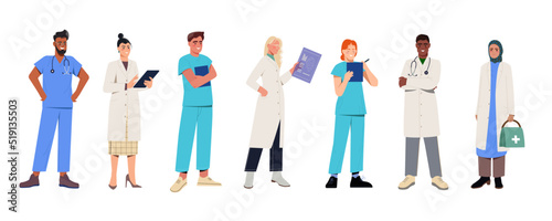 Set of different multinational doctors. Male and female therapists, nurses and general practitioners in uniform. Medicine and healthcare. Cartoon flat vector collection isolated on white background
