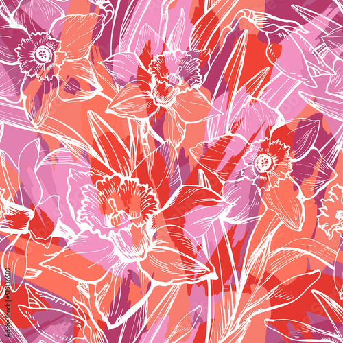 Floral seamless pattern filled with joyful spring summer flowers and colored strokes. Design for textile, fabric, wallpaper, bedding, packaging. Vector Illustration