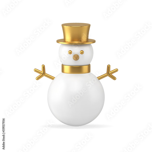Realistic cute snowman bauble in golden metallic gloss hat and design elements 3d template vector