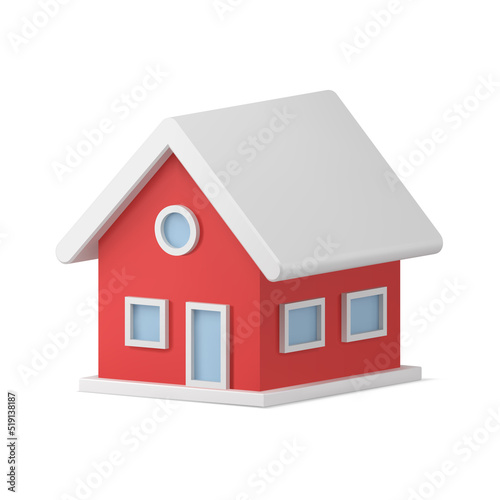 Traditional cozy Christmas tree decor red private house with white roof isometric realistic toy