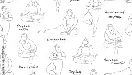 Seamless Pattern with Body Positive girls on white background. Line art style girls doing Yoga. Self-acceptance, Body Positivity. For your fabric, paper, packaging design.