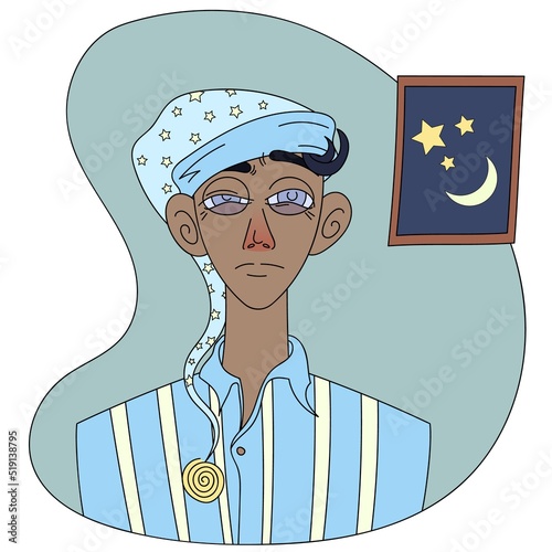 Sleepy man in pajamas. Insomnia, late night. Funny vector concept illustration isolated on white background.