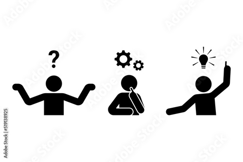Stick figure man problem solution reasoning vector illustration. Task, question, thinking, idea, insight, decision icon silhouette pictogram