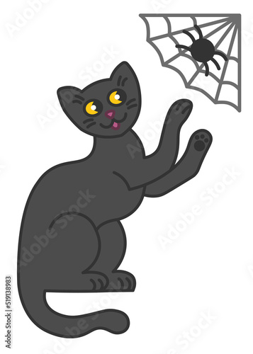 Cartoon vector illustration of smiling black cat with yellow eyes plays with cobweb and spider on it. Fun Halloween spooky drawing for print, poster, banner, invitation card
