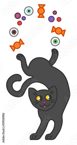 Cartoon vector illustration of smiling black cat with yellow eyes juggling candy. Fun Halloween spooky drawing for print, poster, banner, invitation card, advertisement