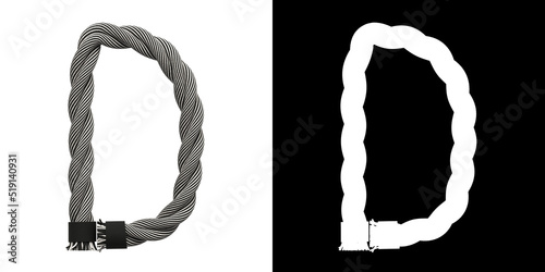 Letter D made of rope woven from white and black threads, isolated on white with clipping mask, 3d rendering