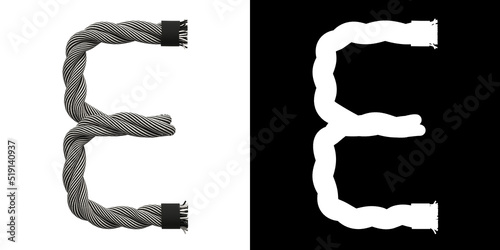 Letter E made of rope woven from white and black threads, isolated on white with clipping mask, 3d rendering