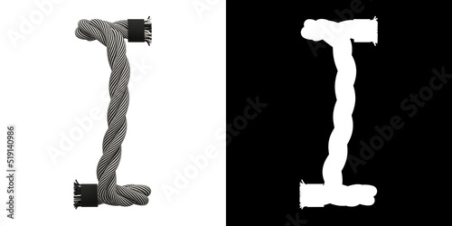 Letter I made of rope woven from white and black threads, isolated on white with clipping mask, 3d rendering