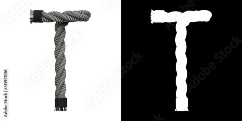 Letter T made of rope woven from white and black threads, isolated on white with clipping mask, 3d rendering