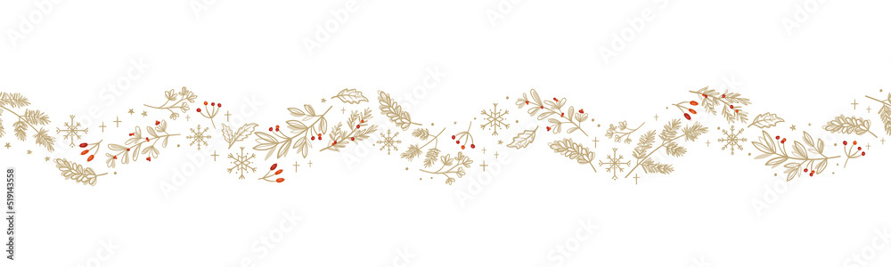Lovely hand drawn horizontal seamless borders with winter branches, Christmas design, great for decorations, prints, cards - vector design - obrazy, fototapety, plakaty 