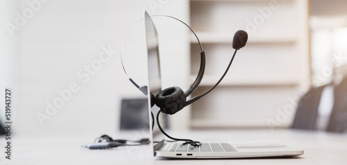 Communication support, call center and customer service help desk. VOIP headset for customer service support (call center) concept .