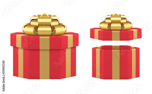 Red festive gift box set with open and closed cap holiday present unpacking realistic vector illustration
