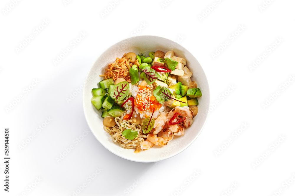 Poke with shrimp, avocado and seasonings Poke with shrimp, avocado and seasonings