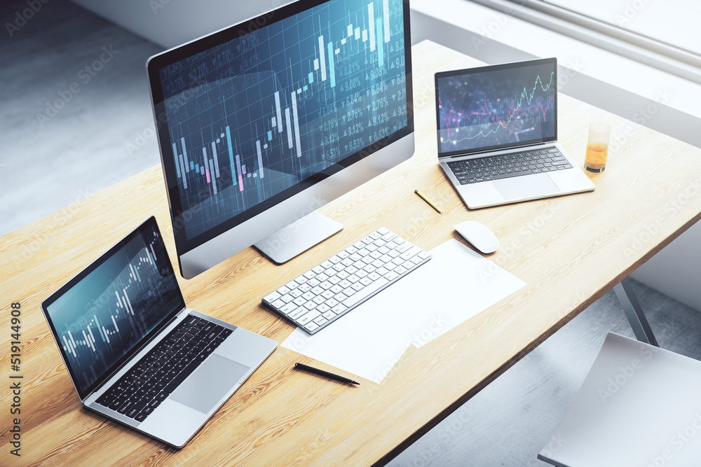 Computer monitor with abstract financial graph, finance and trading concept. 3D Rendering Computer monitor with abstract financial graph, finance and trading concept. 3D Rendering