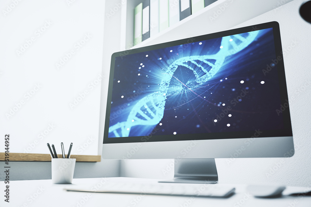 Fototapeta premium Creative DNA sketch on modern laptop monitor, biotechnology and genetic concept. 3D Rendering