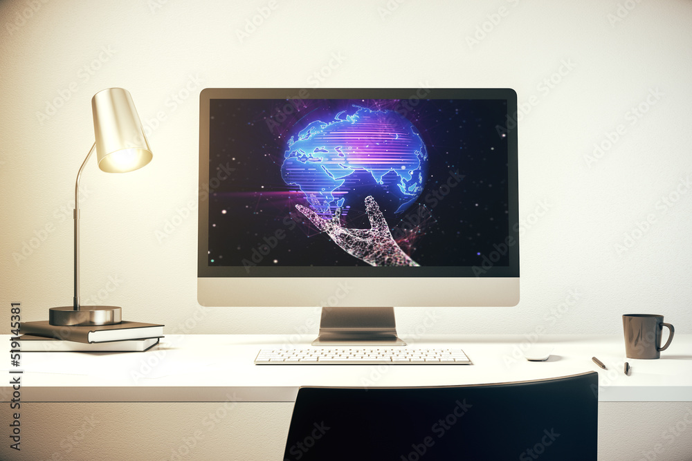Modern computer display with abstract graphic world map, big data and networking concept. 3D Rendering