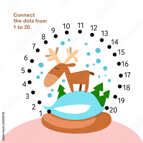Connect the dots from 1 to 20. Educational game. Cute deer in snowball. Activity page for kids. Vector illustration.