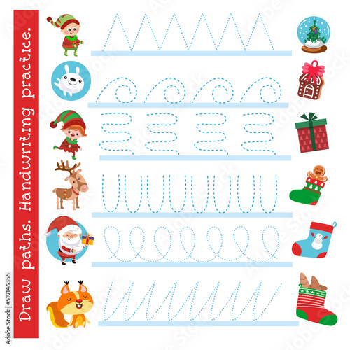 Workbook, copybook for preschoolers. Writing practice. Christmas and cartoon characters. Vector illustration.