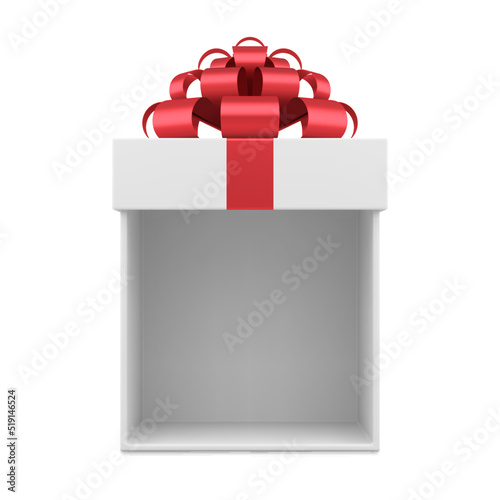 Isometric open empty wrapped white gift box decorated by red glossy bow ribbon for festive surprise