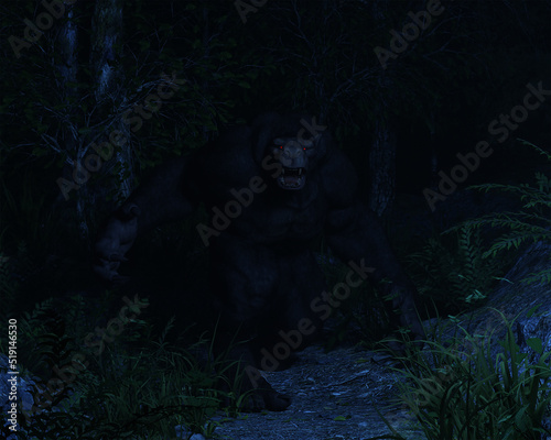 An aggressive bestial looking Bigfoot in a forest