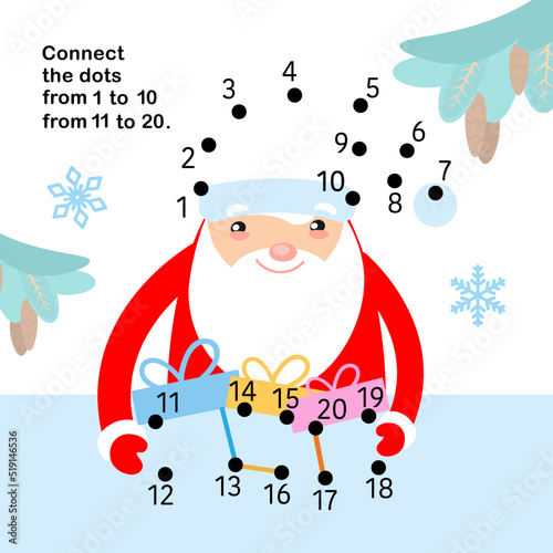 Connect the dots from 1 to 20. Educational game. Cute Santa Claus with gifts. Activity page for kids. Vector illustration.
