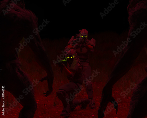 Bilde på lerret A pair of soldiers with night vision goggles on facing down two Werewolf Dogman