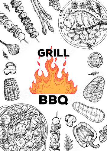 Grilled fish meat and vegetables frame. Fish on grill. Barbecue dishes hand-drawn. Bbq grill food sketch. Vector illustration. Engraved design.