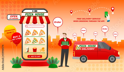 Food delivery service, Pizza restaurant application on mobile, Banner design advertising promotion discount and shipment, Product express delivery and male staff, Online store business and technology.