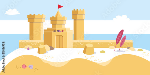 Natural landscape with beach, sand castle in summer. Template background for design in cartoon style. Vector color illustration.
