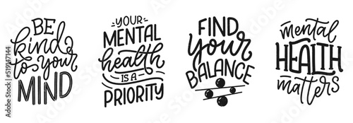 Set with lettering slogans about therapy. Funny quotes for blog, poster and print design. Modern calligraphy text. Mental healthcare