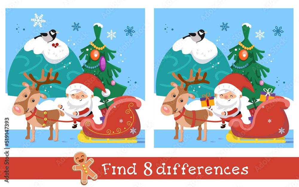 Find 8 differences. Game for children. Santa Claus and gifts in sleigh with reindeer. Vector hand drawn illustration.