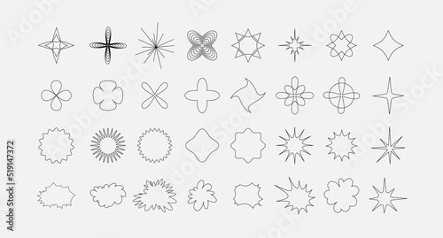Minimalist geometric linear elements, brutalism shapes, abstract bauhaus forms. Simple star and flower shape, basic form, trendy modern outline graphic element vector set