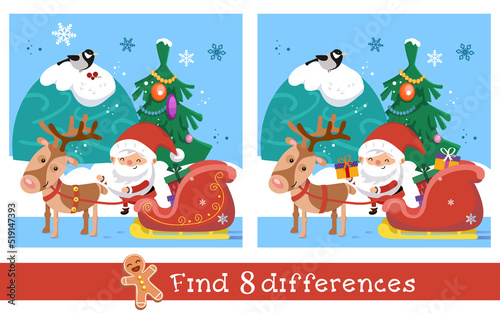 Find 8 differences. Game for children. Santa Claus and gifts in sleigh with reindeer. Vector hand drawn illustration.