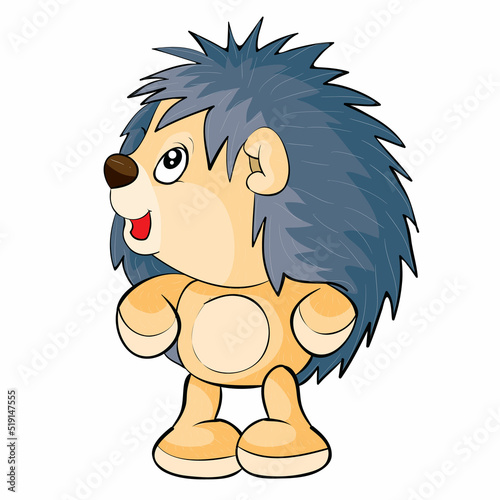 hedgehog toy stands on two legs and looks to the side, cartoon illustration, isolated object on a white background, vector,