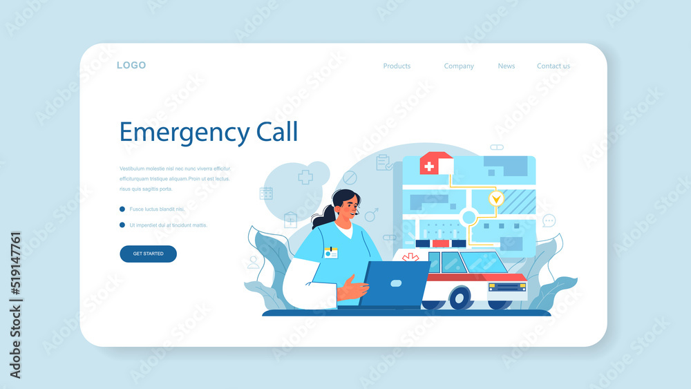 Ambulance web banner or landing page. Emergency doctor