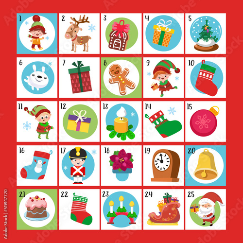 Advent calendar. Cute elves  Santa Claus and set of Christmas items in cartoon style. Design elements for posters  games  books  puzzles. Vector hand drawn illustrations.