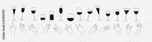 Collection of different woman hands gestures hold wineglass or drink cocktails. Minimal linear trendy style. Line icons or symbol of female hand for logo in restaurant or bar. Vector
