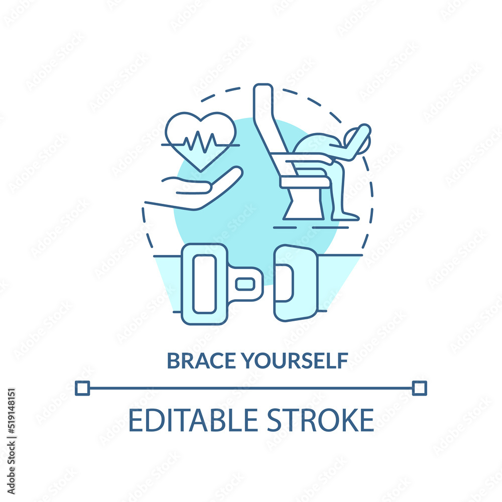 Brace yourself turquoise concept icon. Surviving air accident abstract idea thin line illustration. Fully flexed position. Isolated outline drawing. Editable stroke. Arial, Myriad Pro-Bold fonts used