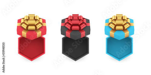Top view unpacking luxury hexagonal cardboard package with glossy bow for present storage realistic