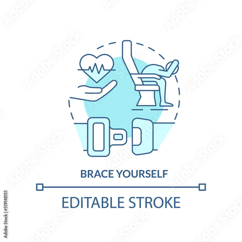 Brace yourself turquoise concept icon. Surviving air accident abstract idea thin line illustration. Fully flexed position. Isolated outline drawing. Editable stroke. Arial, Myriad Pro-Bold fonts used