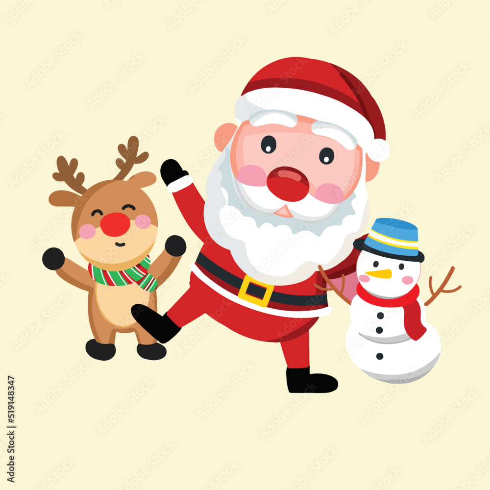 Santa clause, snowman and reindeer dance and celebrate on Christmas day Santa clause, snowman and reindeer dance and celebrate on Christmas day