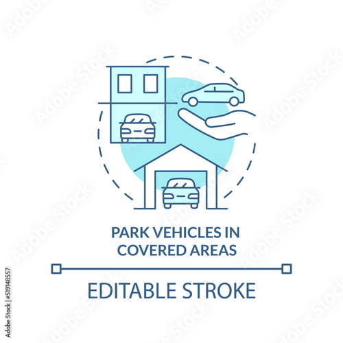 Park vehicles in covered areas turquoise concept icon. Hailstorm safety abstract idea thin line illustration. Arrangement. Isolated outline drawing. Editable stroke. Arial, Myriad Pro-Bold fonts used