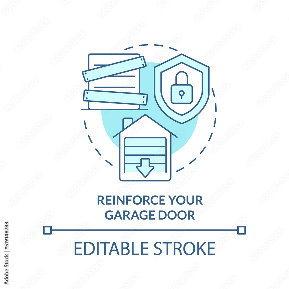 Reinforce garage door turquoise concept icon. Wind storm safety abstract idea thin line illustration. Hurricane resistance. Isolated outline drawing. Editable stroke. Arial, Myriad Pro-Bold fonts used Reinforce garage door turquoise concept icon. Wind storm safety abstract idea thin line illustration. Hurricane resistance. Isolated outline drawing. Editable stroke. Arial, Myriad Pro-Bold fonts used