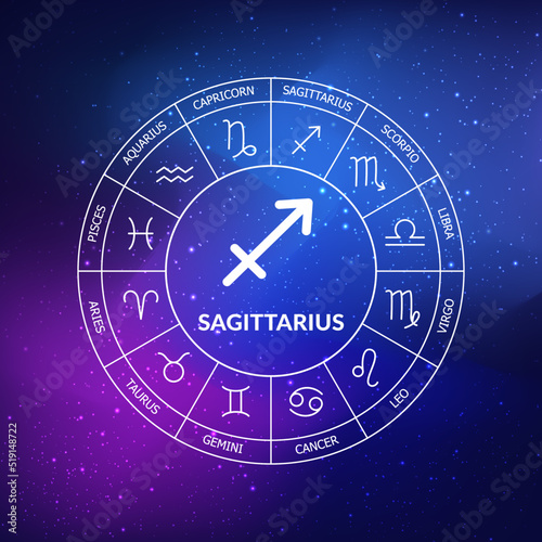 Sagittarius zodiac sign. Zodiac circle on a background of the space