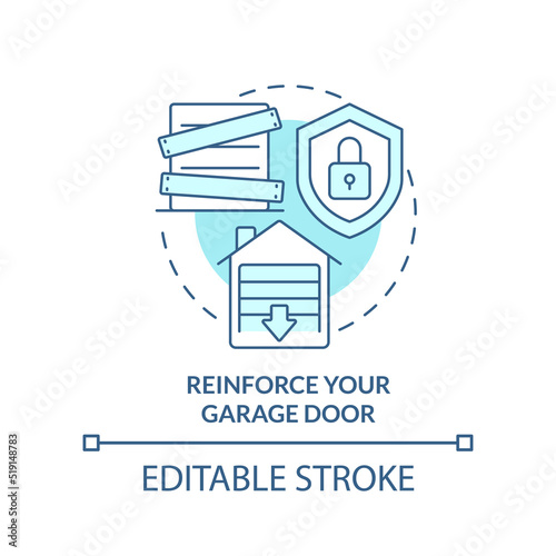 Reinforce garage door turquoise concept icon. Wind storm safety abstract idea thin line illustration. Hurricane resistance. Isolated outline drawing. Editable stroke. Arial, Myriad Pro-Bold fonts used