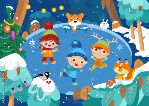 Cute boys and girl go ice skating in winter. Animal in forest. Winter scene in cartoon style. Vector illustration for books  puzzles. 