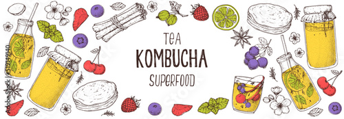Kombucha tea and ingredients for kombucha sketch. Hand drawn vector illustration. Kombucha drink. Tea mushroom, tea fungus, or Manchurian mushroom.
