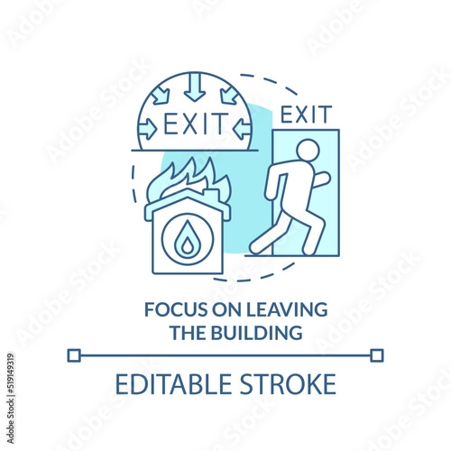 Focus on leaving building turquoise concept icon. Survive fire abstract idea thin line illustration. Move to nearest exit. Isolated outline drawing. Editable stroke. Arial, Myriad Pro-Bold fonts used